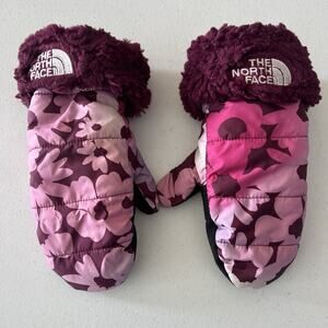 The North Face Girls Mossbud Swirl Mittens Floral Size XL Faux Fur Pink Lined